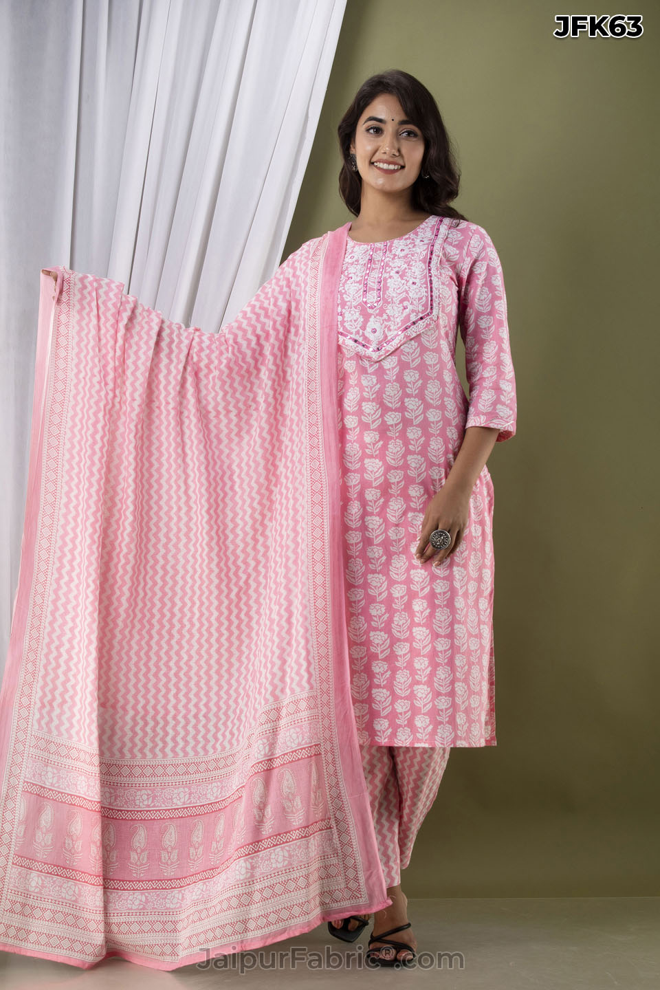 Pink Embroidery Kurti Pant & Dupatta