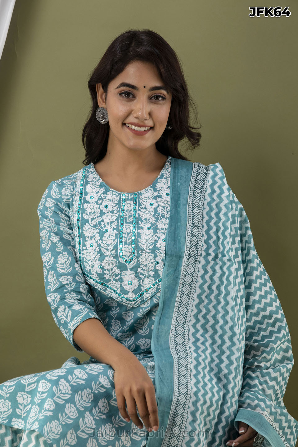 Sea Green Embroidery Kurti Pant & Dupatta