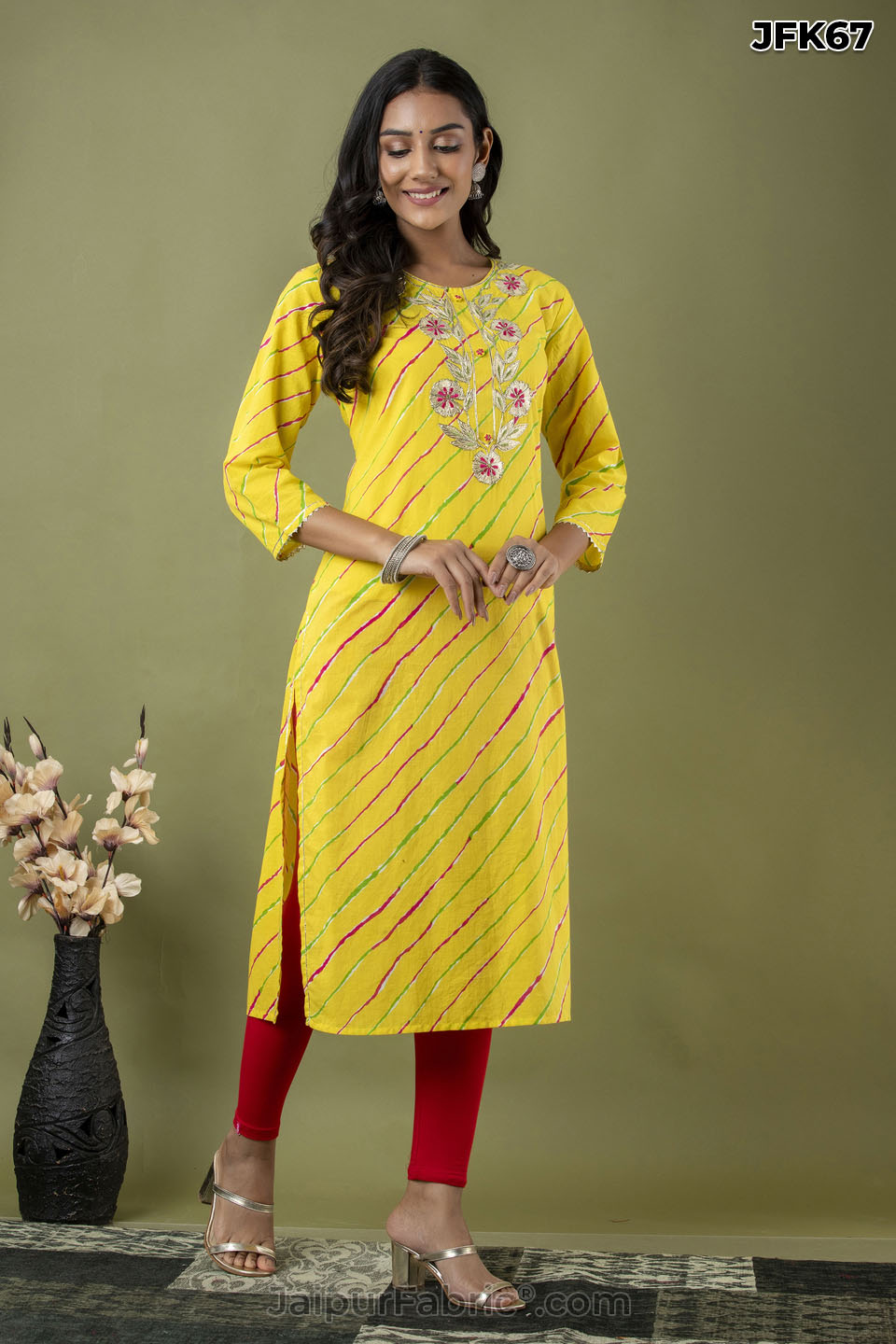 Yellow Lehriya Print Hand Work Cotton Kurti