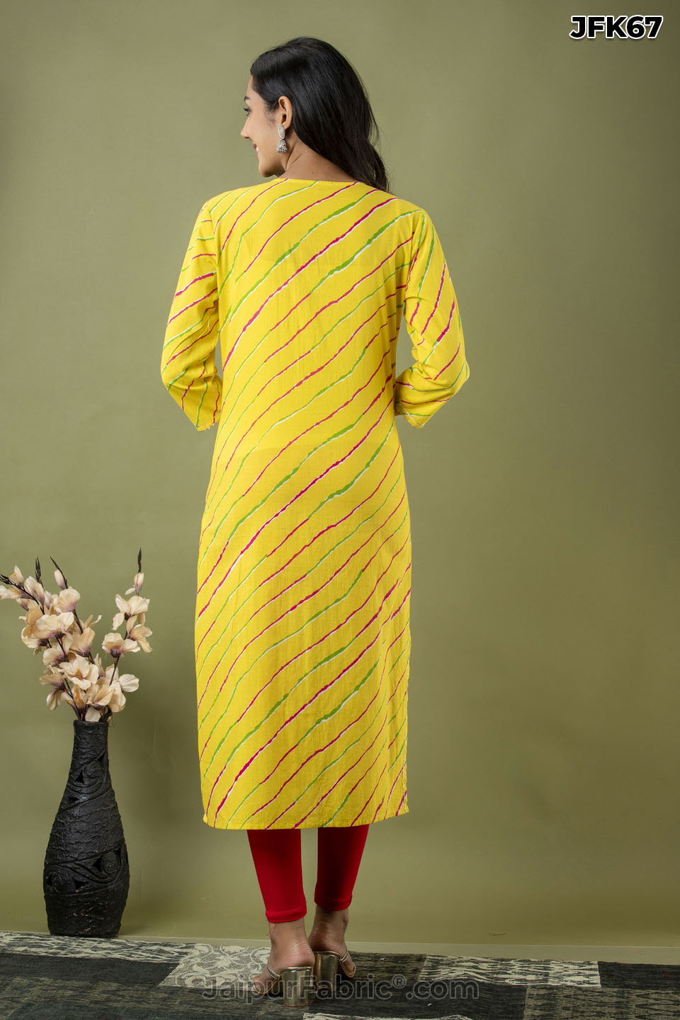 Yellow Lehriya Print Hand Work Cotton Kurti