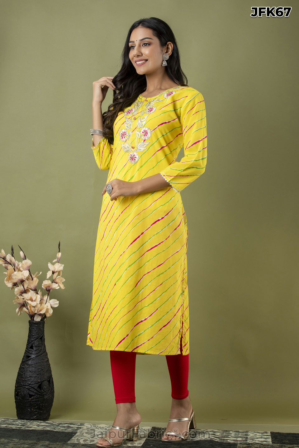 Yellow Lehriya Print Hand Work Cotton Kurti