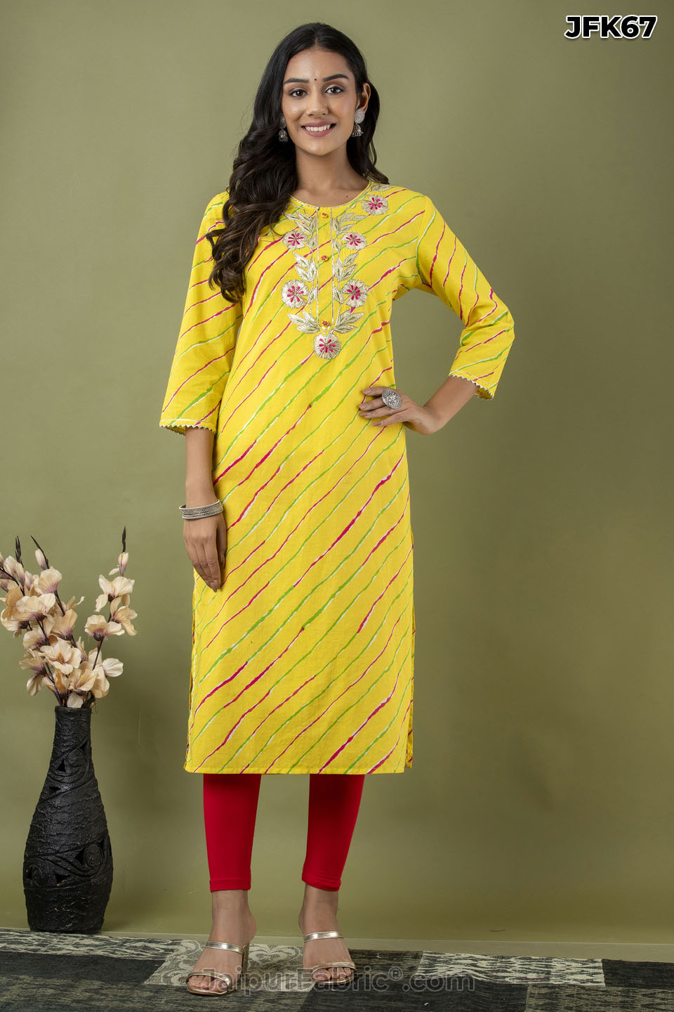 Yellow Lehriya Print Hand Work Cotton Kurti