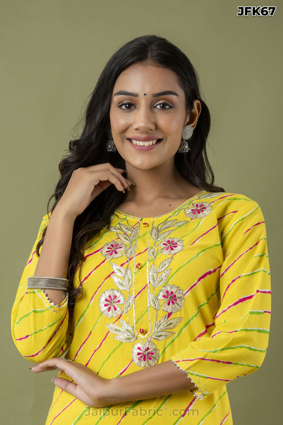 Yellow Lehriya Print Hand Work Cotton Kurti