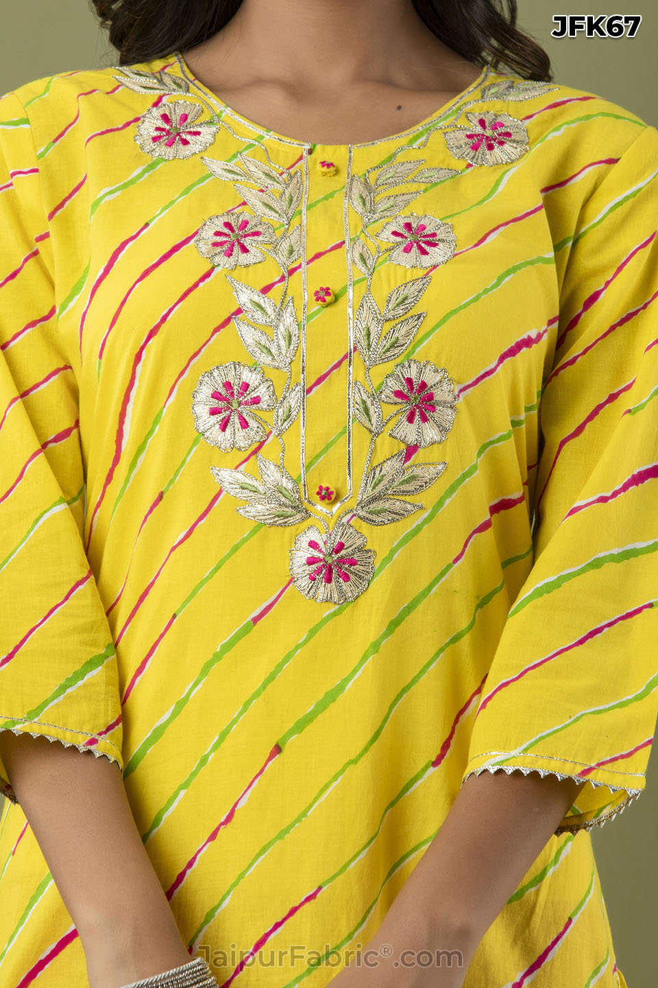 Yellow Lehriya Print Hand Work Cotton Kurti