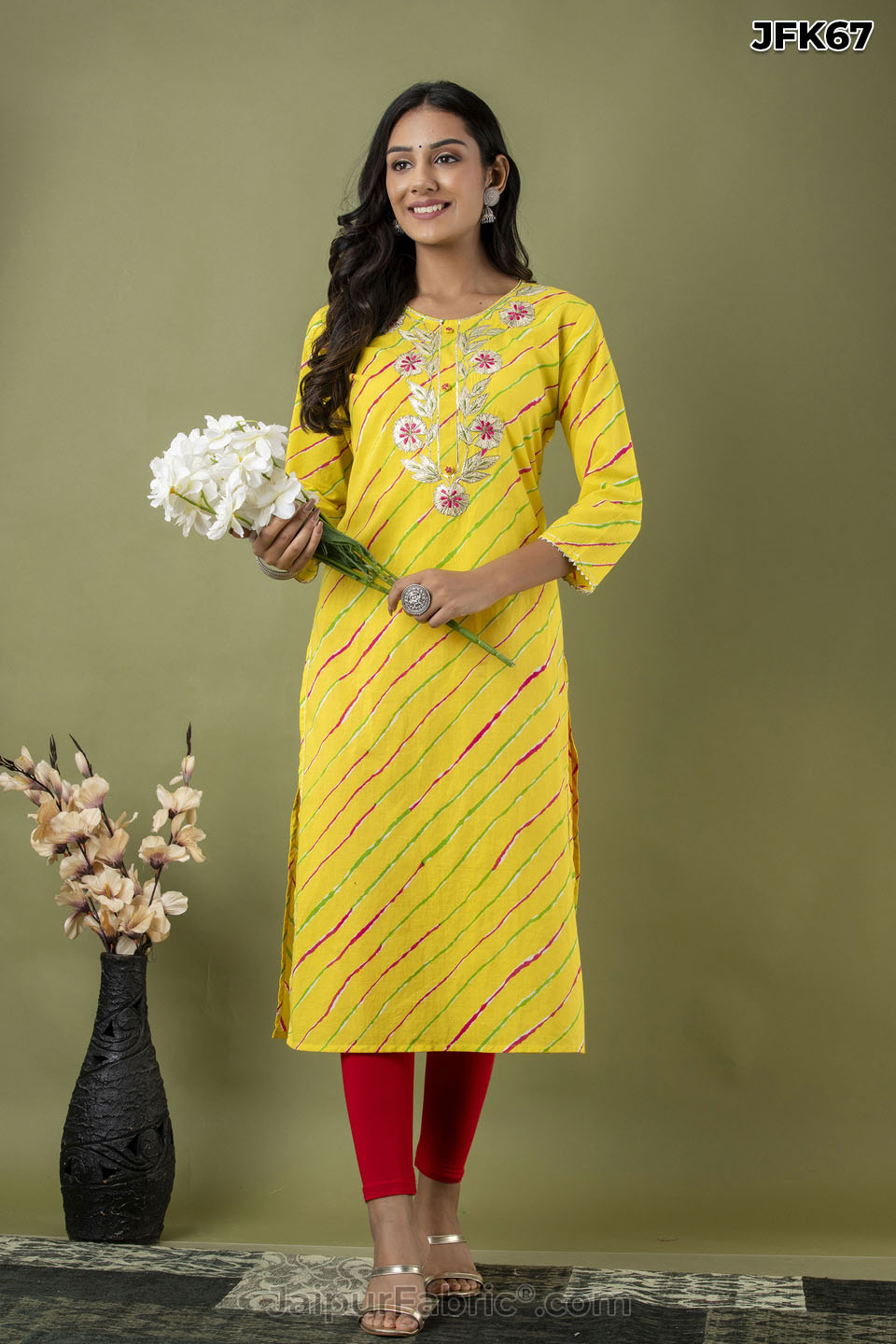 Yellow Lehriya Print Hand Work Cotton Kurti