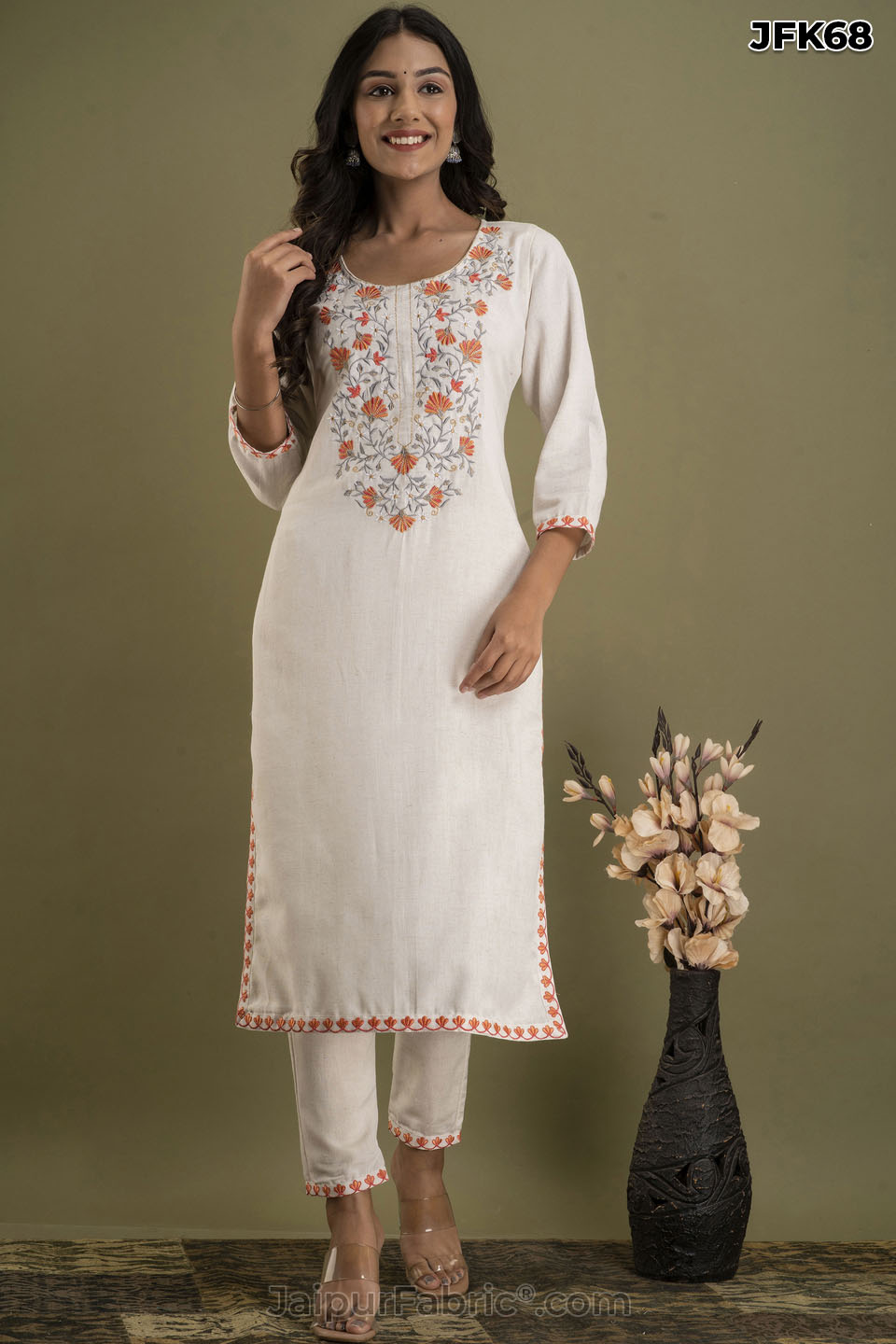 White Cotton Embroidery Kurti Pant Set