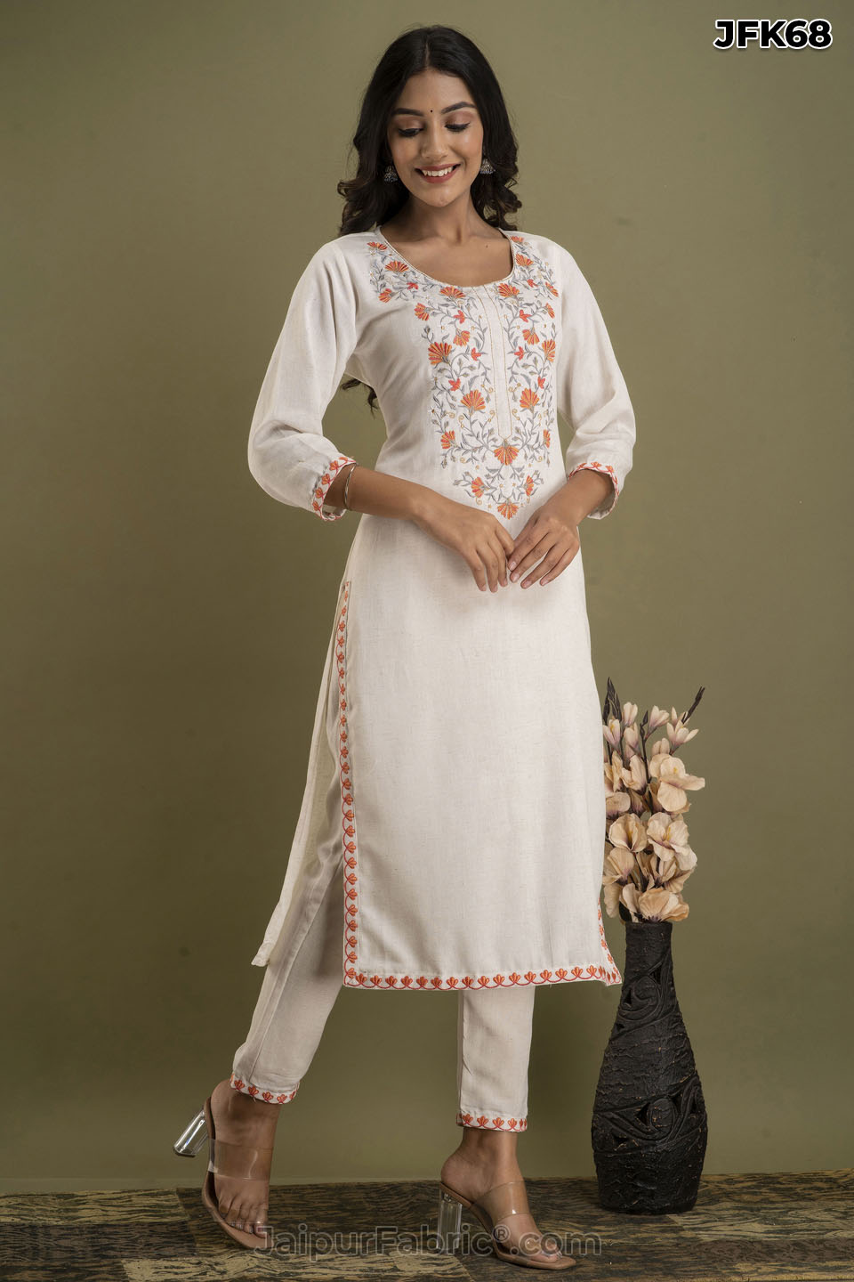 White Cotton Embroidery Kurti Pant Set