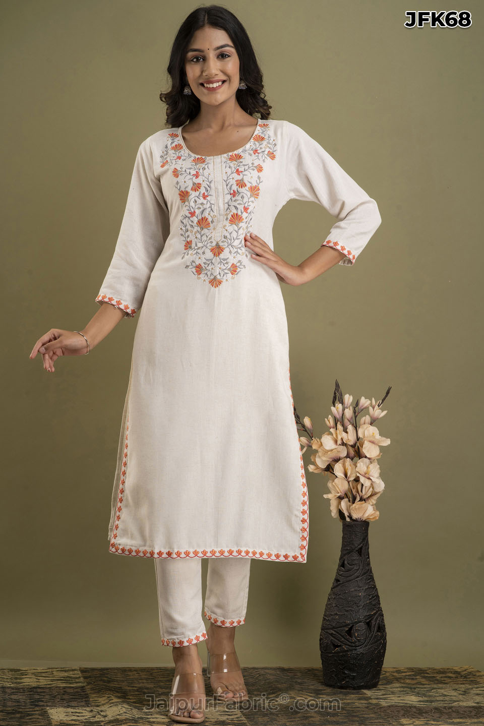 White Cotton Embroidery Kurti Pant Set