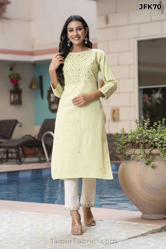 Light Green Cotton Embroidery Kurti Pant Set