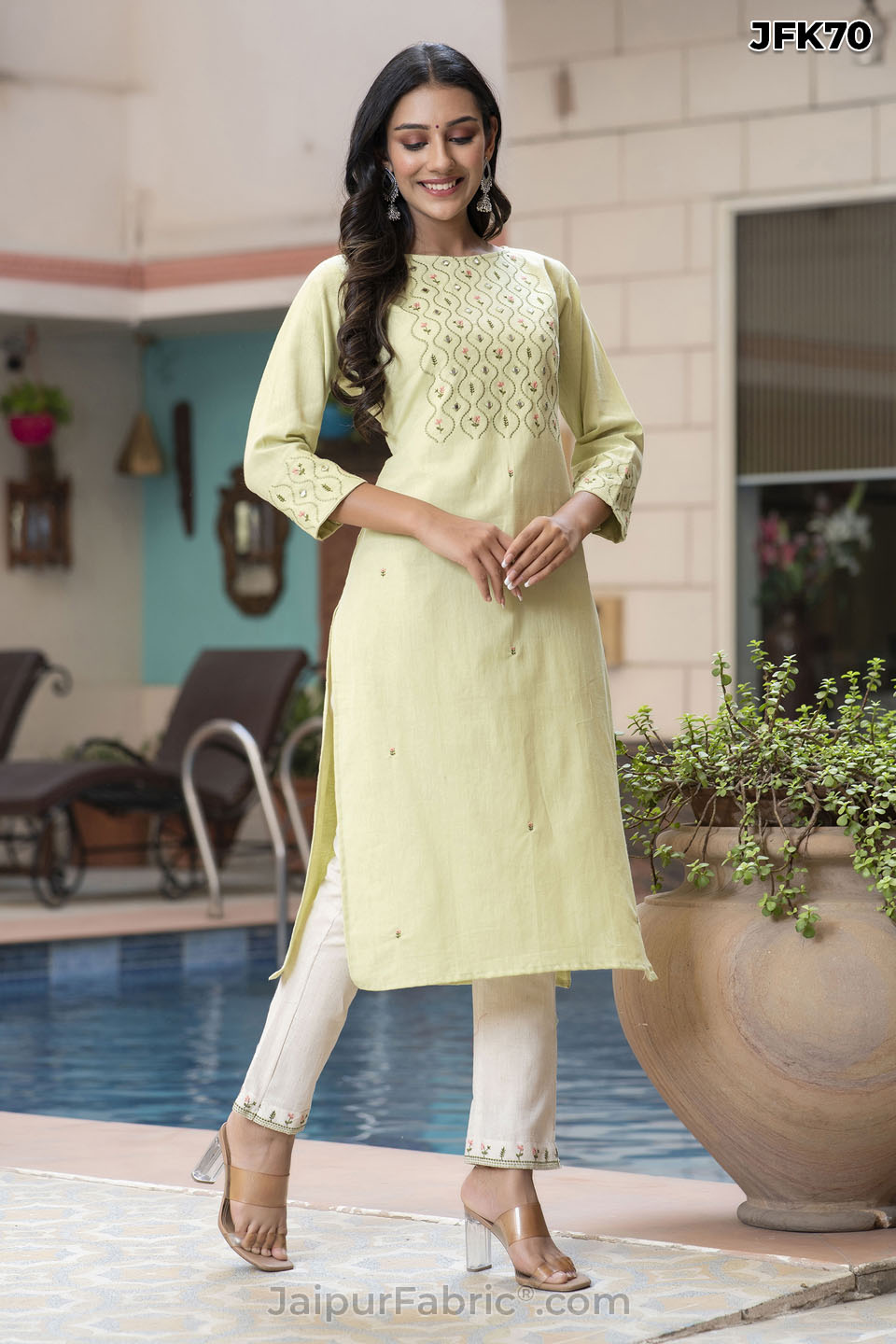 Light Green Cotton Embroidery Kurti Pant Set