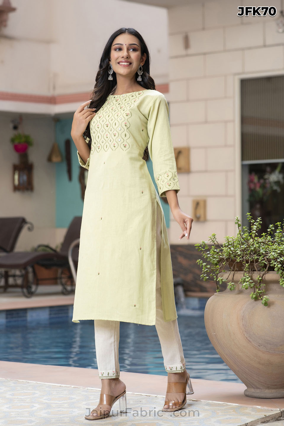 Light Green Cotton Embroidery Kurti Pant Set