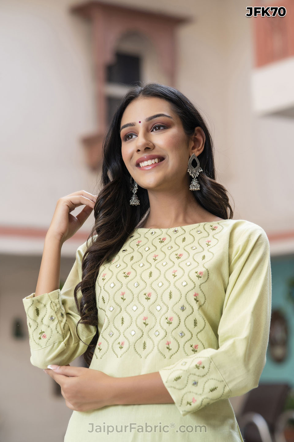 Light Green Cotton Embroidery Kurti Pant Set