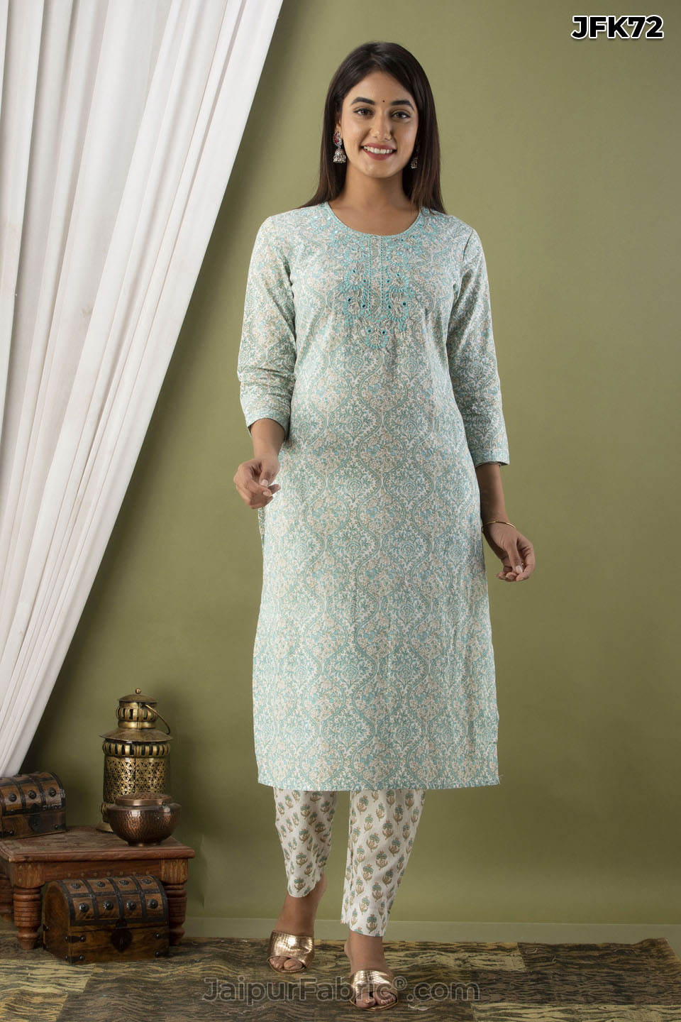 Green Cotton Kurti 3pcs Set