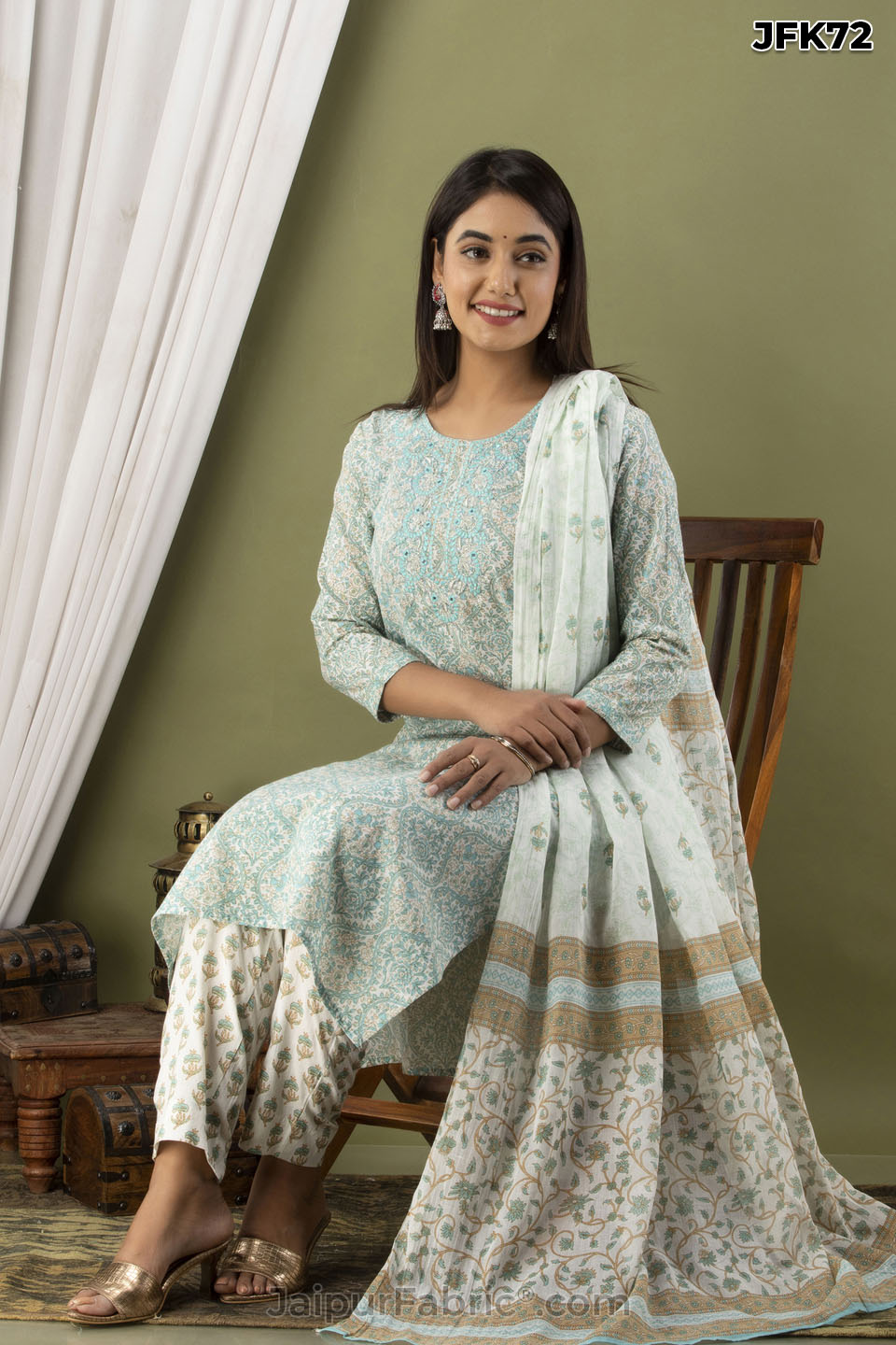 Green Cotton Kurti 3pcs Set