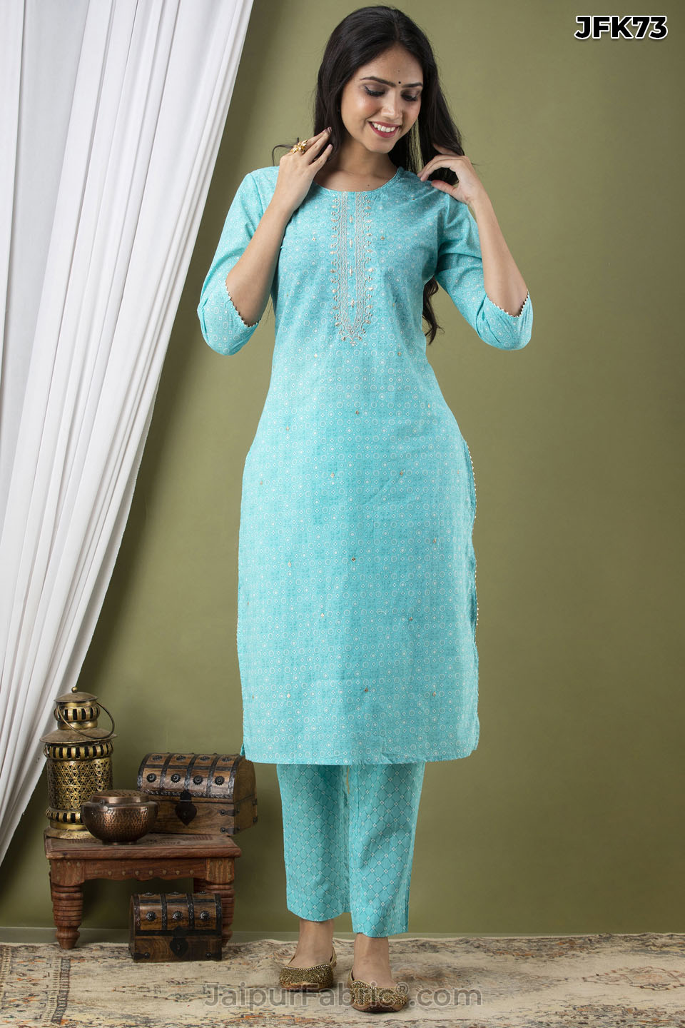 Blue Cotton Kurti 3pcs Set