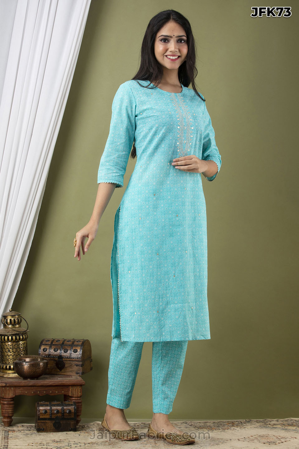 Blue Cotton Kurti 3pcs Set