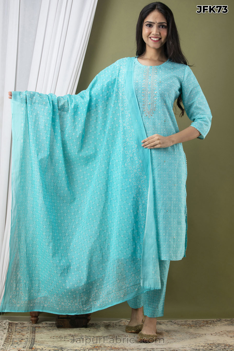 Blue Cotton Kurti 3pcs Set