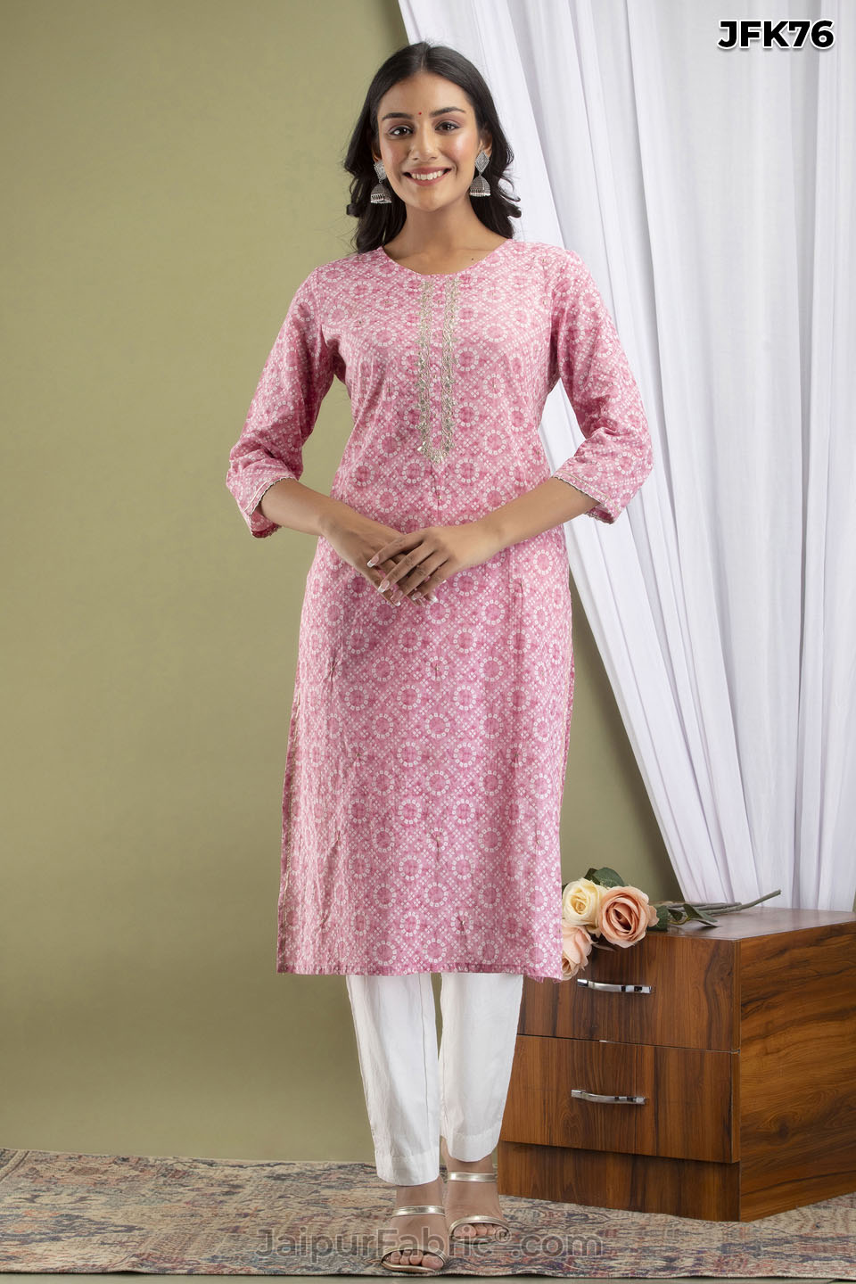 Pink Cotton Kurti 3pcs Set