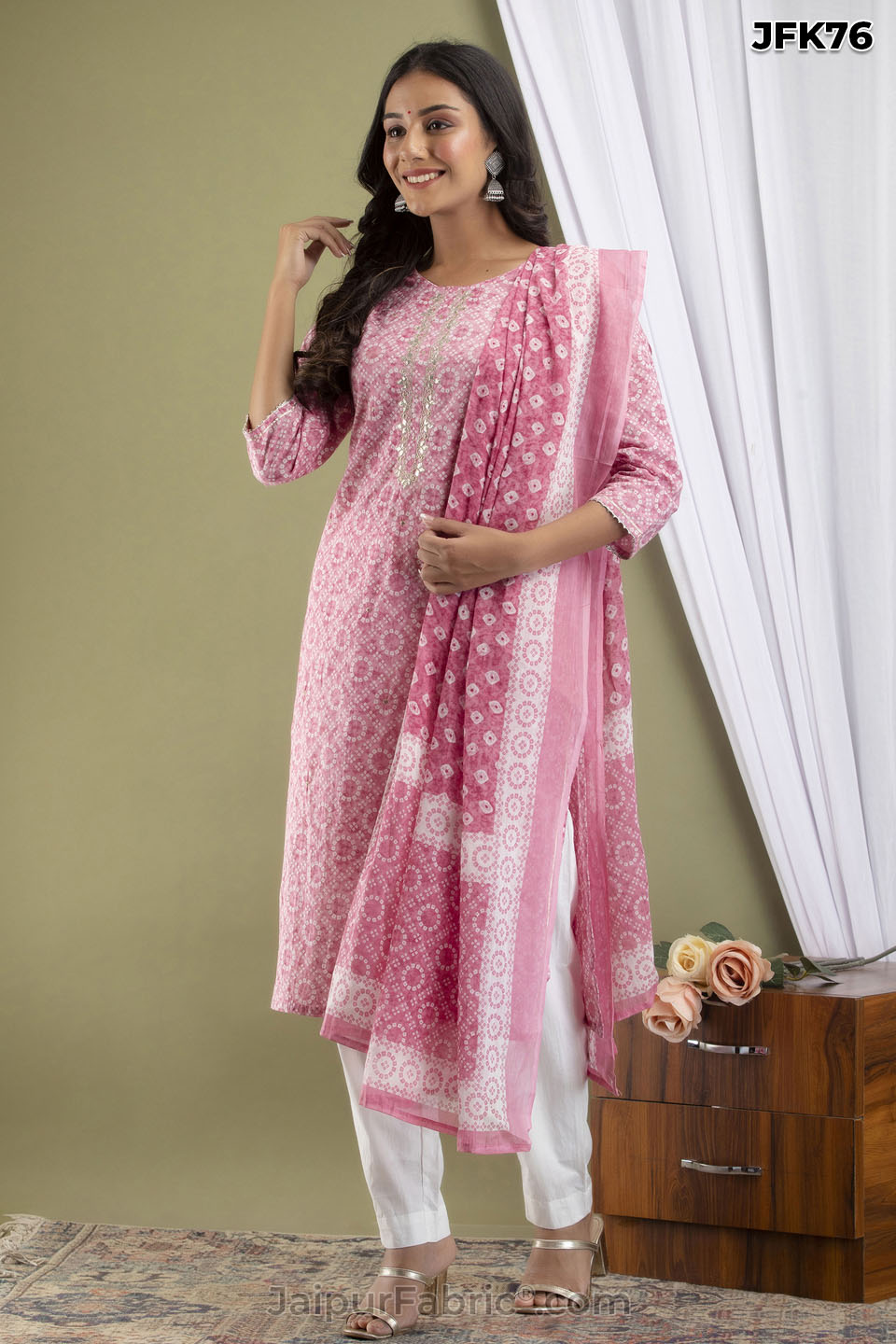 Pink Cotton Kurti 3pcs Set