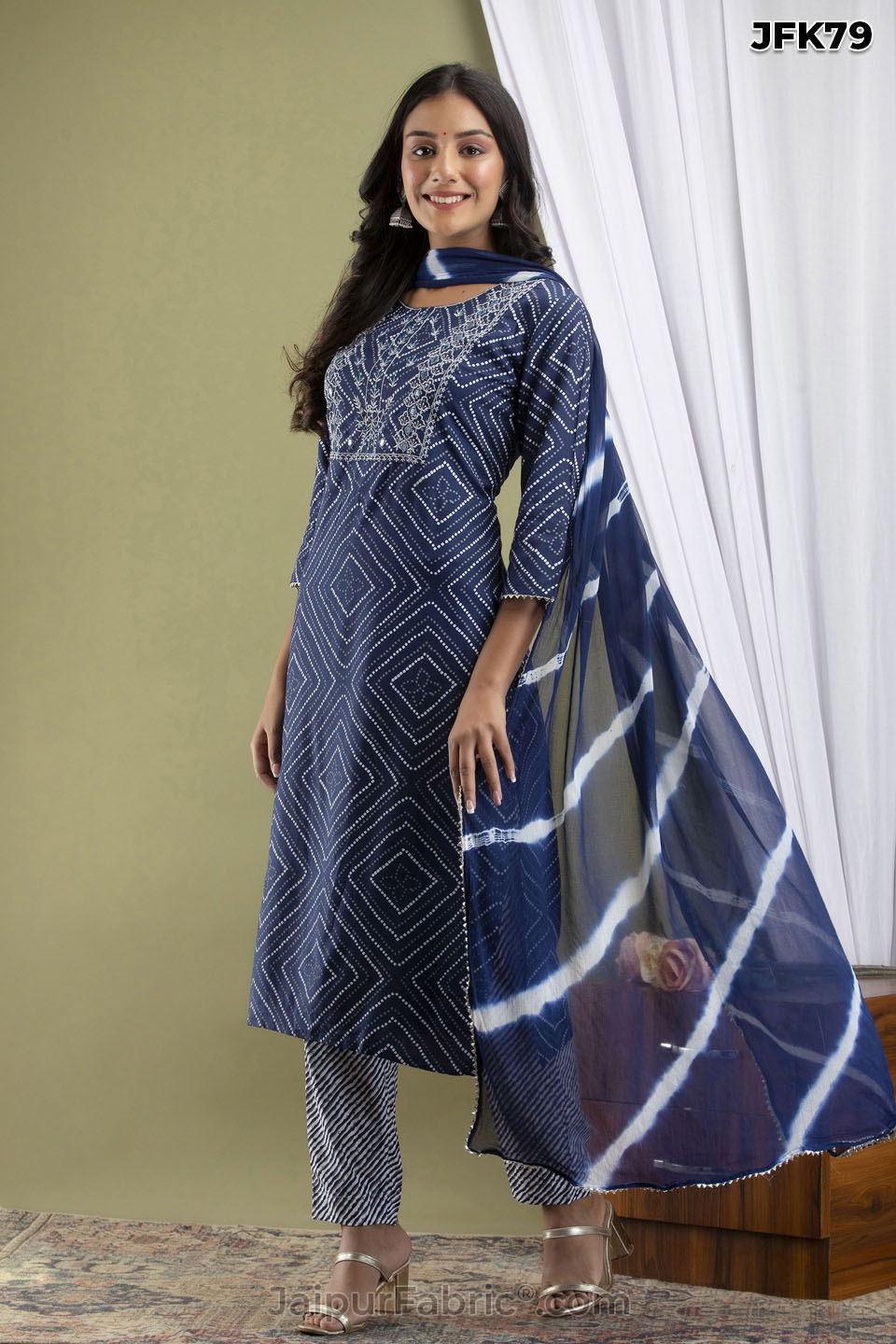 Blue Bandhej Kurti Pant & Dupatta