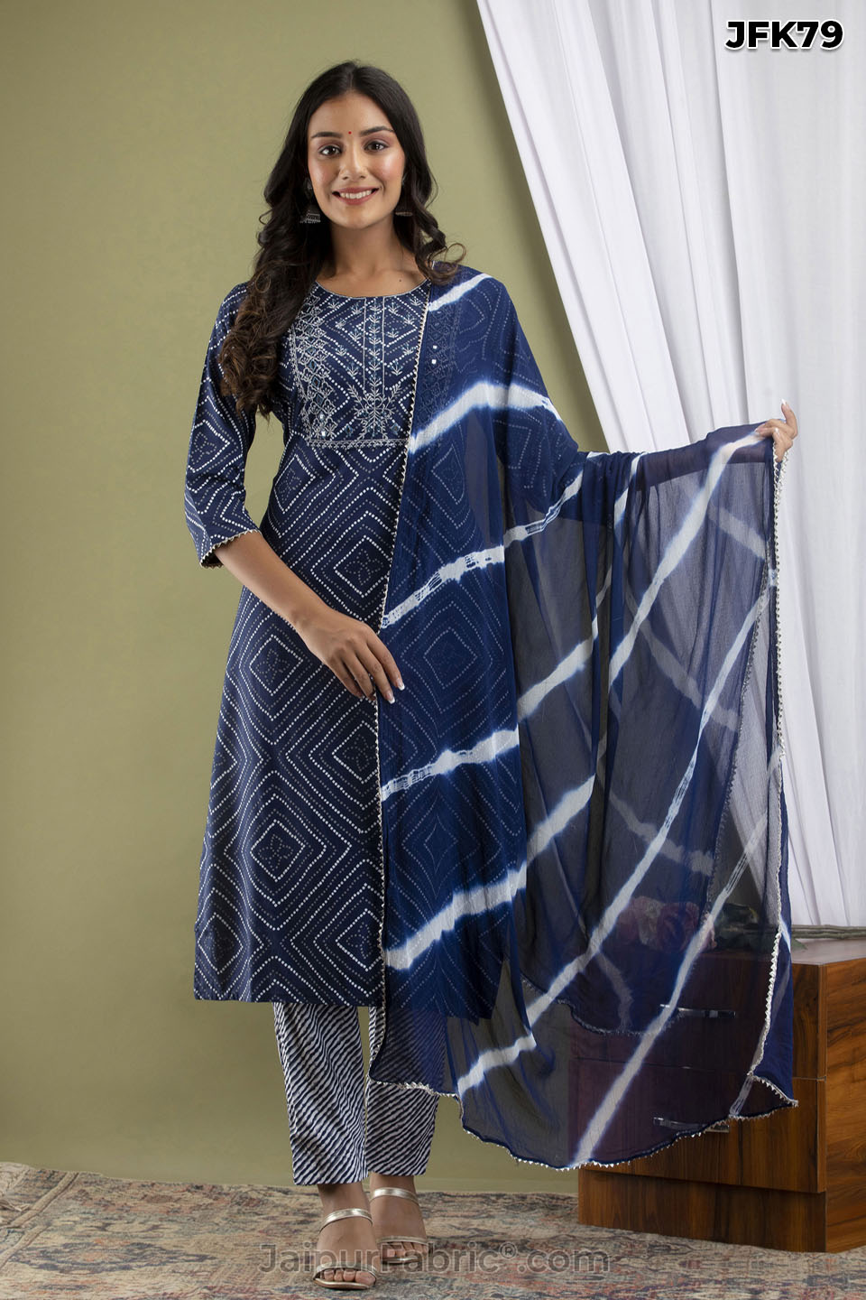 Blue Bandhej Kurti Pant & Dupatta