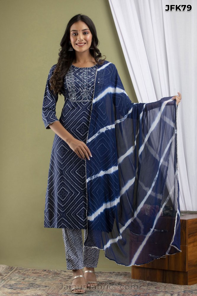 Blue Bandhej Kurti Pant &amp; Dupatta