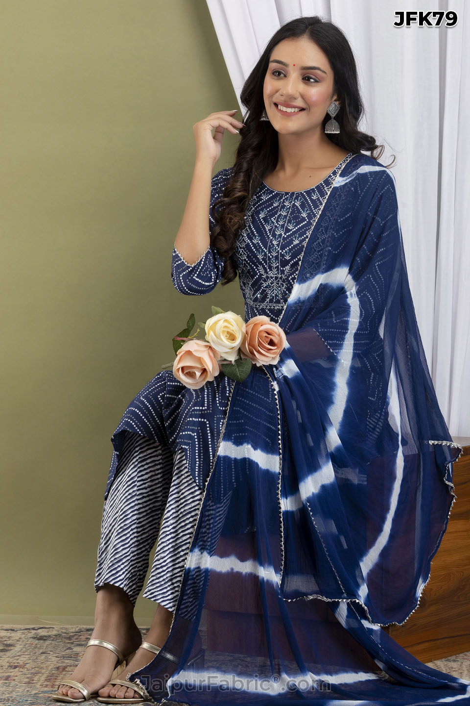 Blue Bandhej Kurti Pant & Dupatta