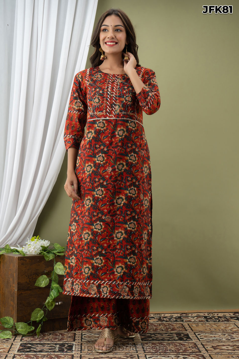 Brick Cotton Kurti with Couching Hand Work & Pant