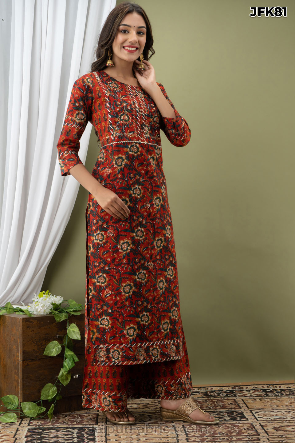 Brick Cotton Kurti with Couching Hand Work & Pant