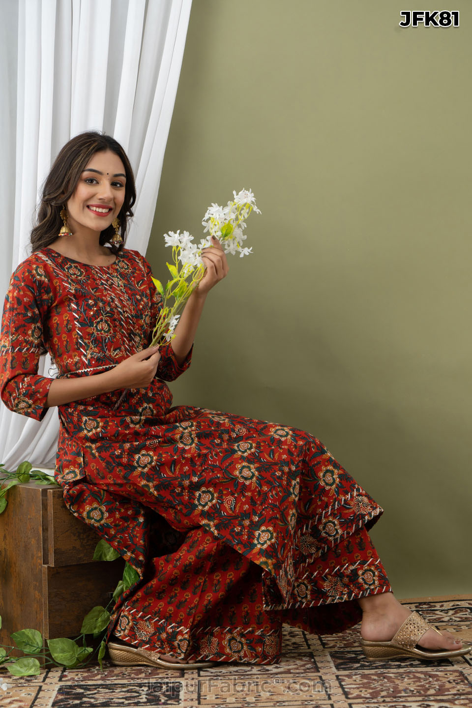 Brick Cotton Kurti with Couching Hand Work & Pant