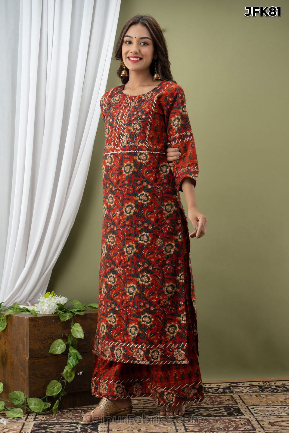 Brick Cotton Kurti with Couching Hand Work & Pant