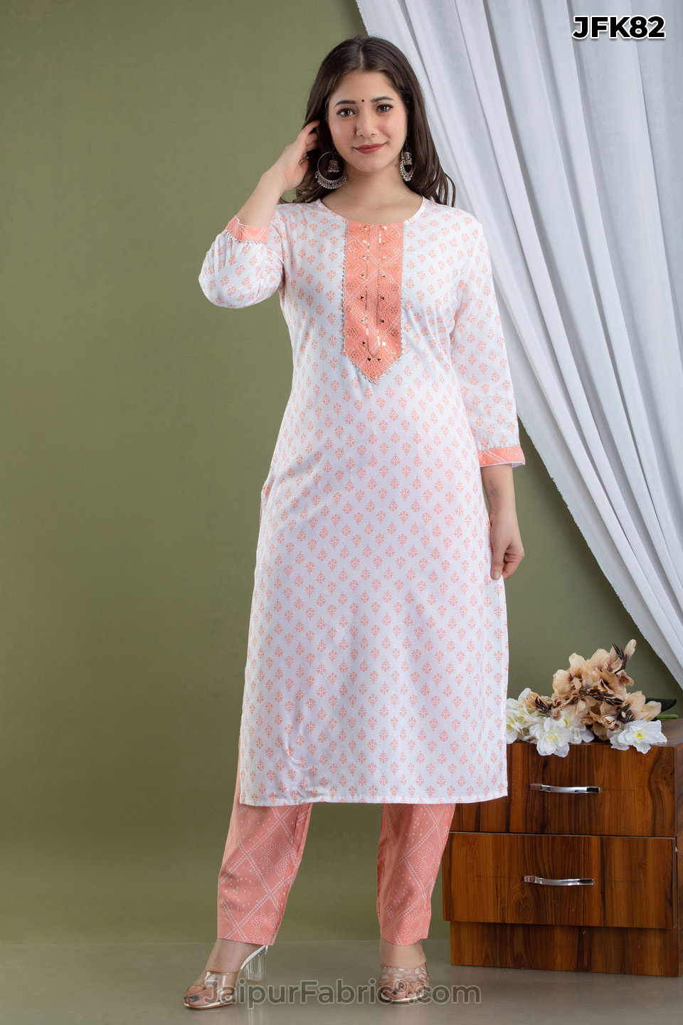 Peach Cotton Kurti 3pcs Set