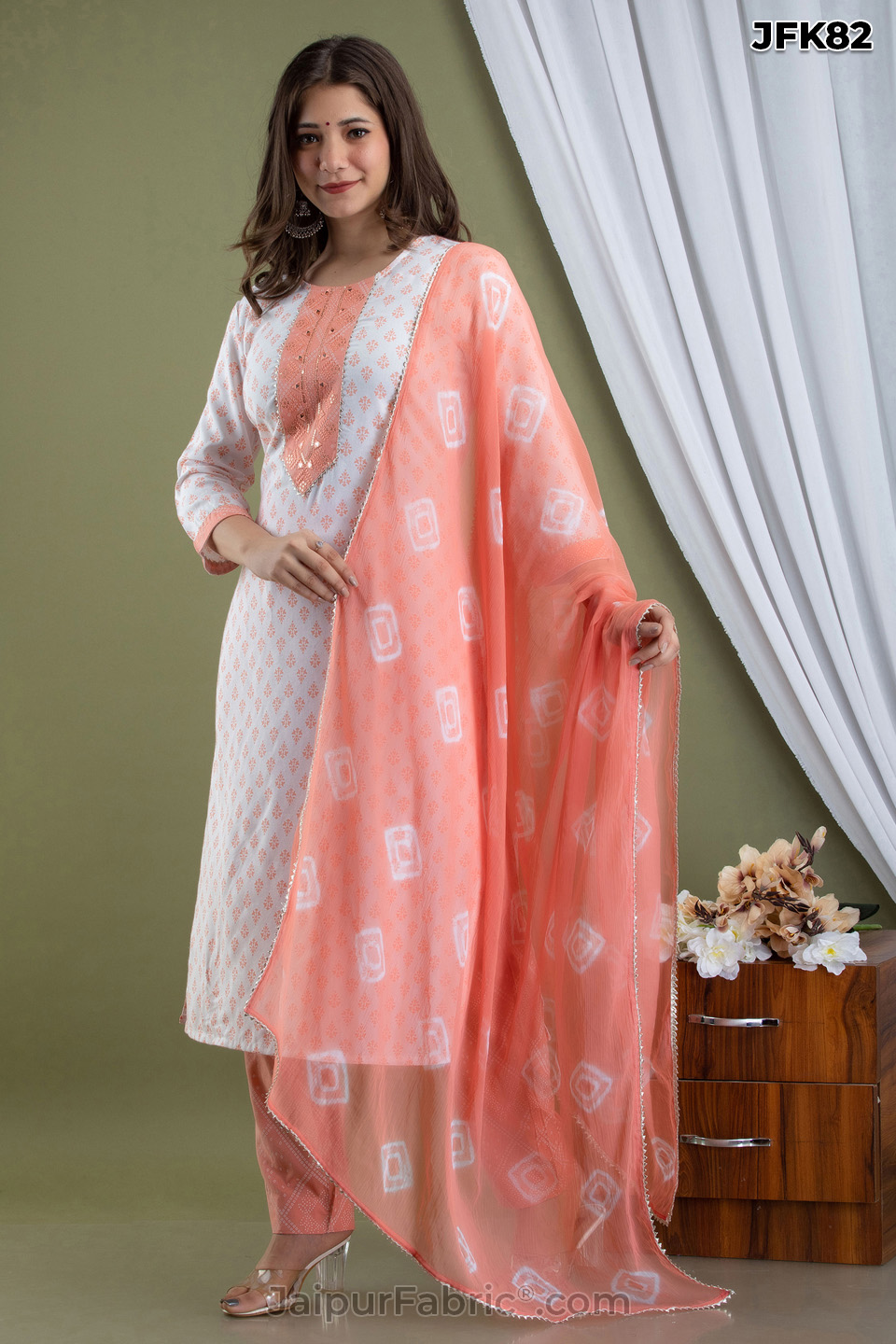 Peach Cotton Kurti 3pcs Set