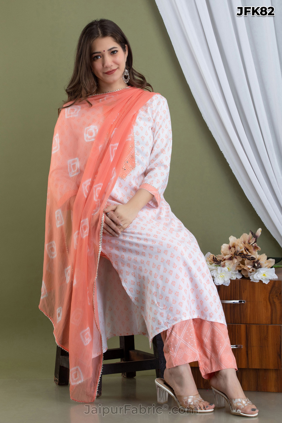 Peach Cotton Kurti 3pcs Set