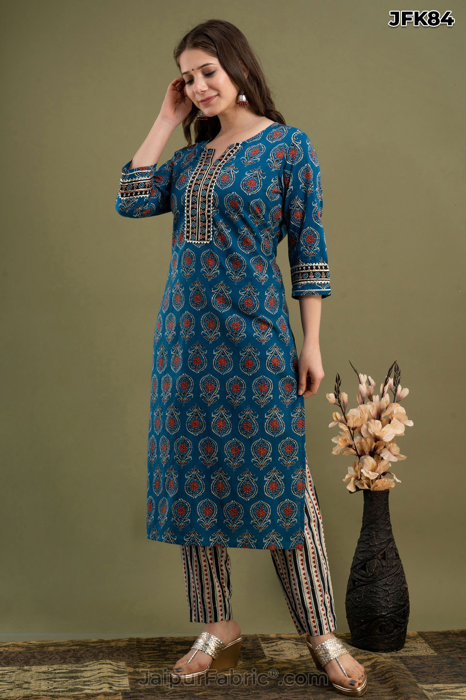 Peacock Green Cotton Kurti 3pcs Set