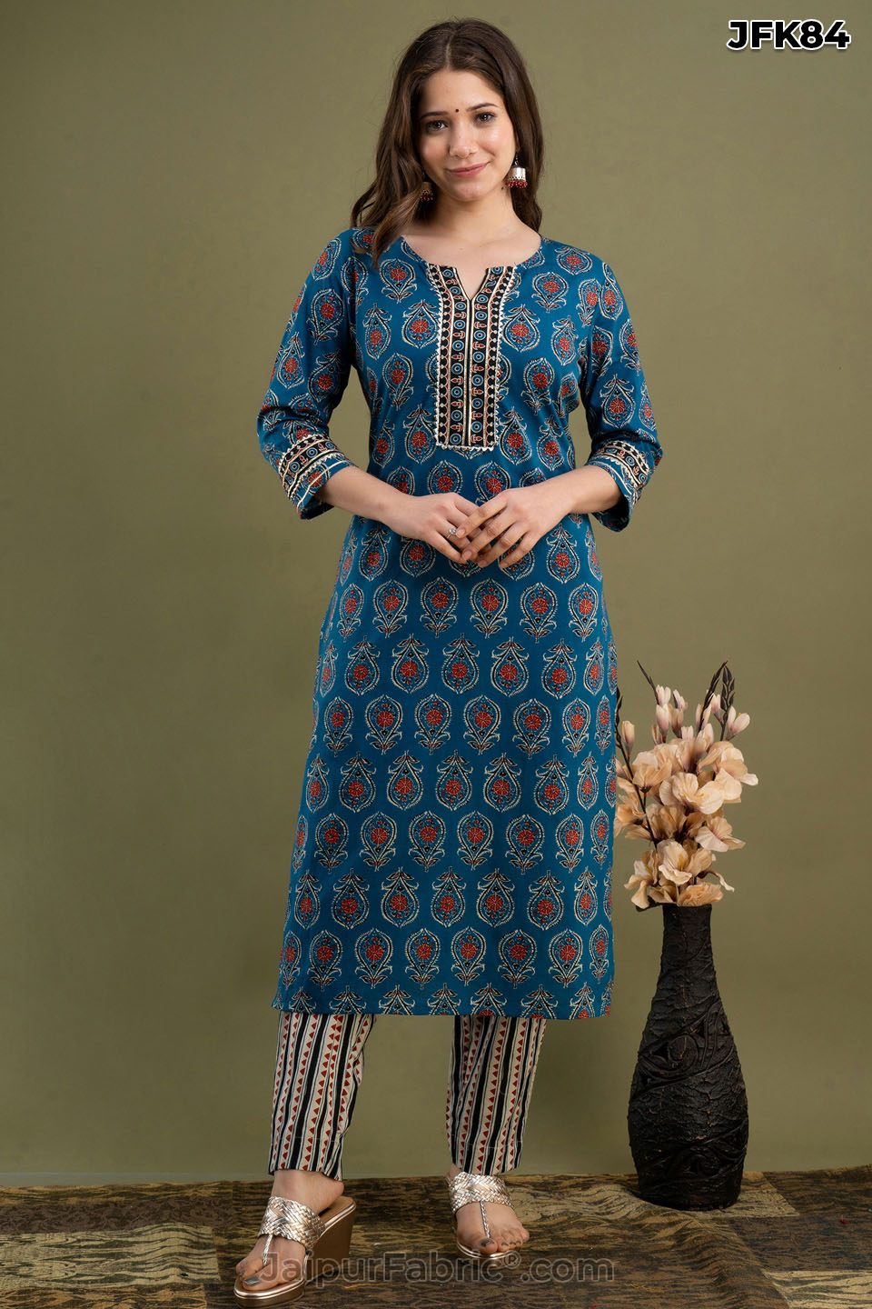 Peacock Green Cotton Kurti 3pcs Set