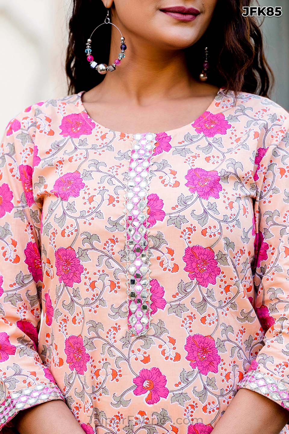 Peach Floral Cotton Kurti 3 pcs Set