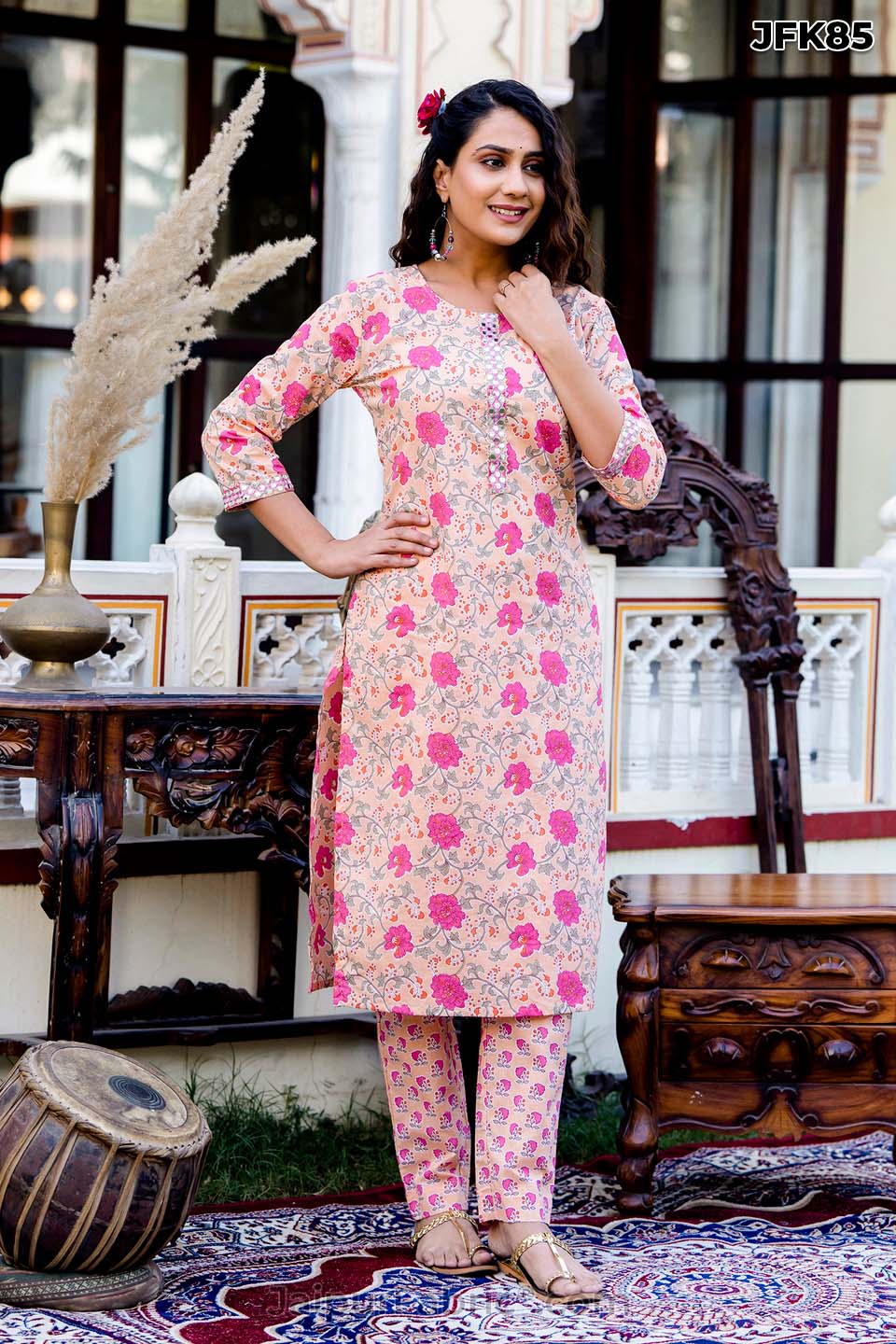 Peach Floral Cotton Kurti 3 pcs Set