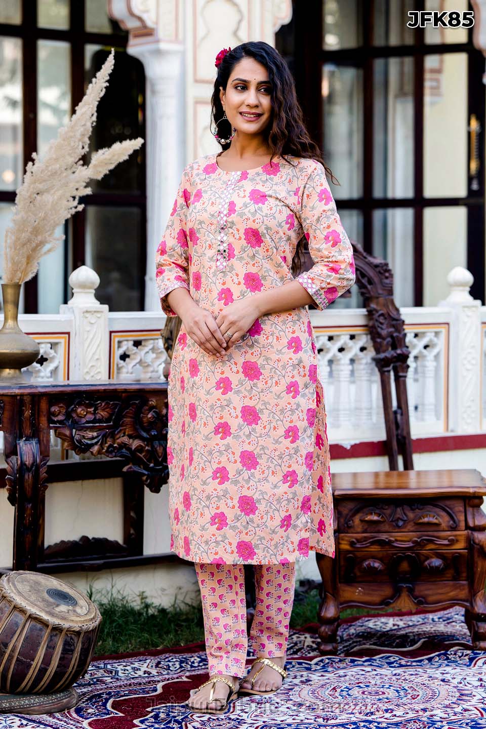 Peach Floral Cotton Kurti 3 pcs Set