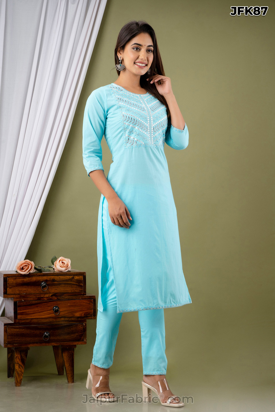 Sky Blue Cotton Kurti Pant Set