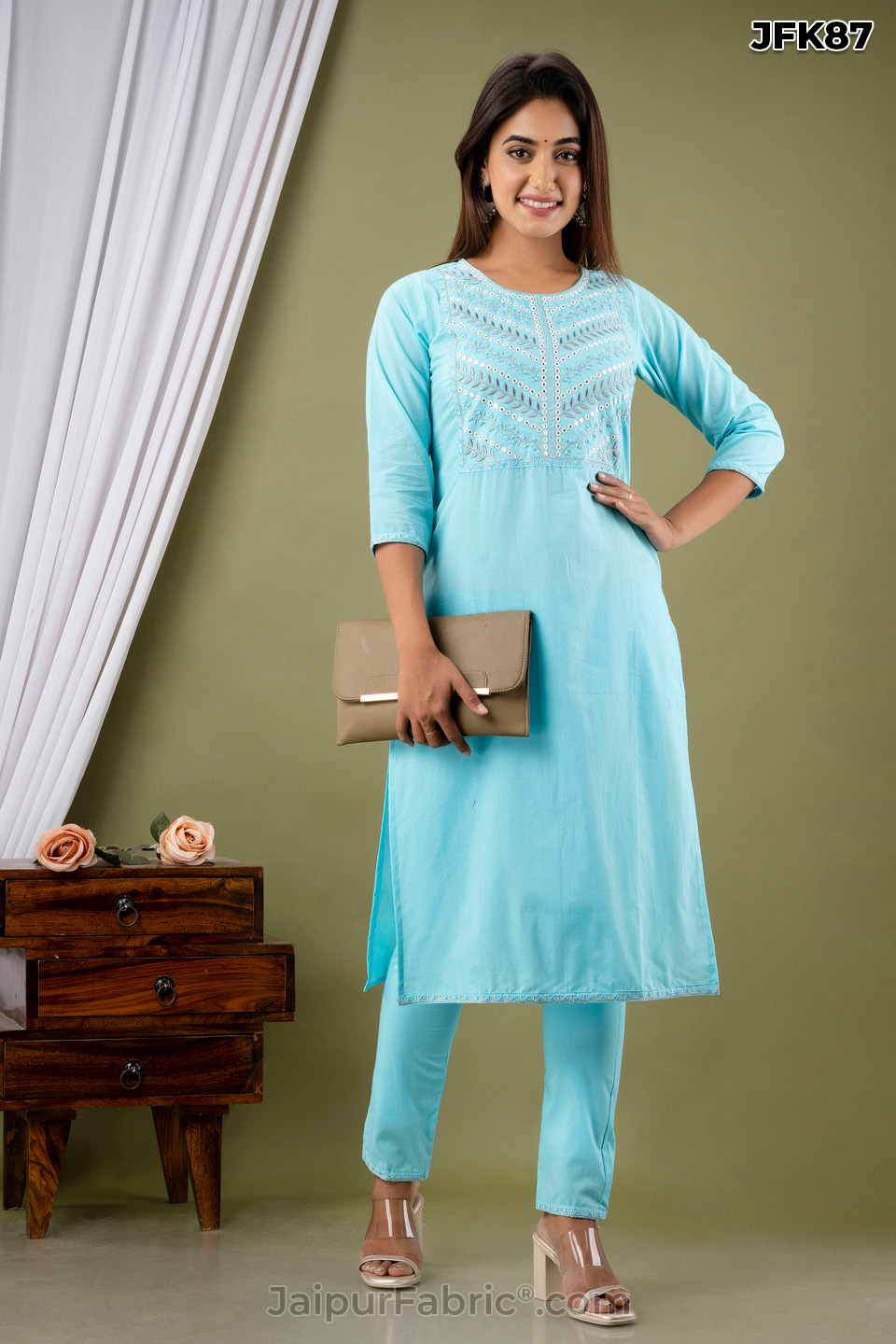 Sky Blue Cotton Kurti Pant Set