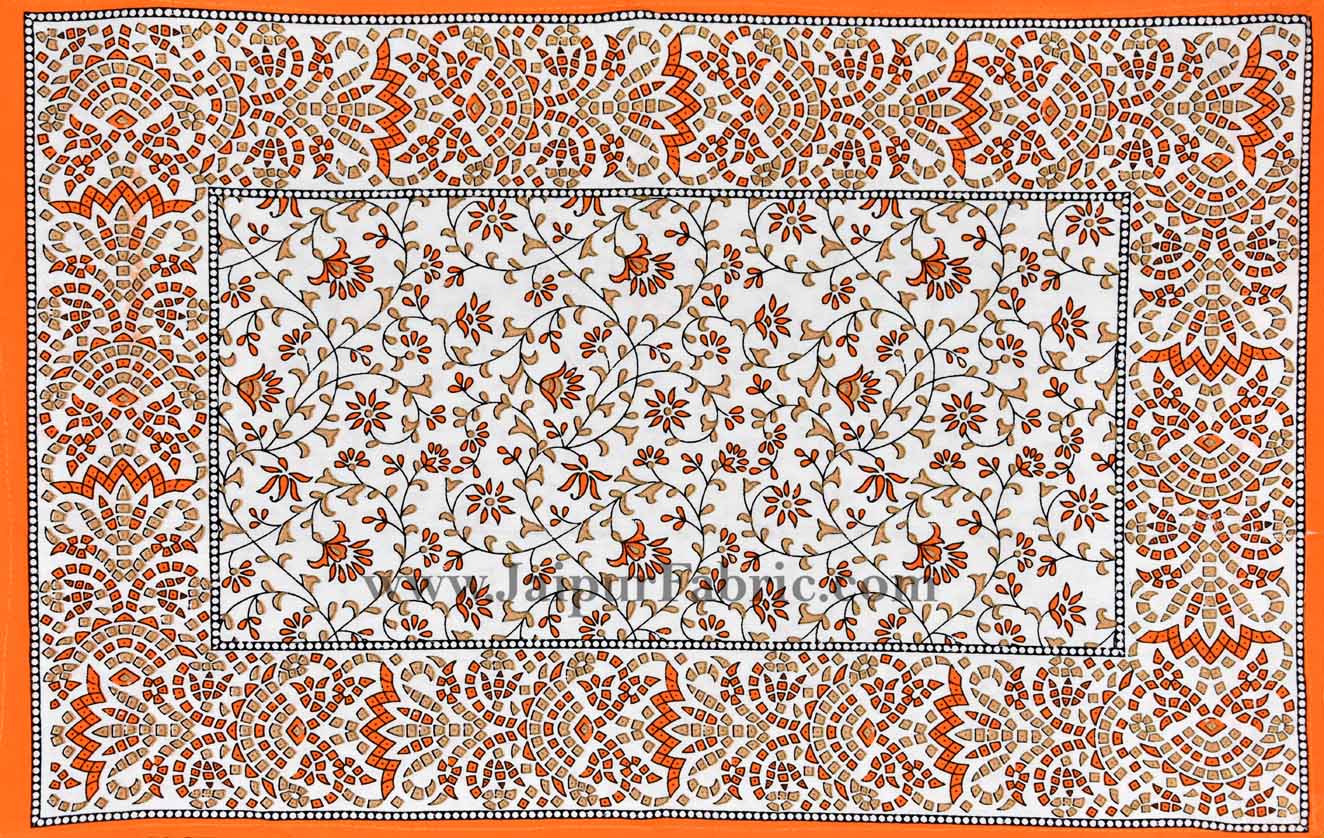 Orange Golden Flowery Motif Print Double Bedsheet