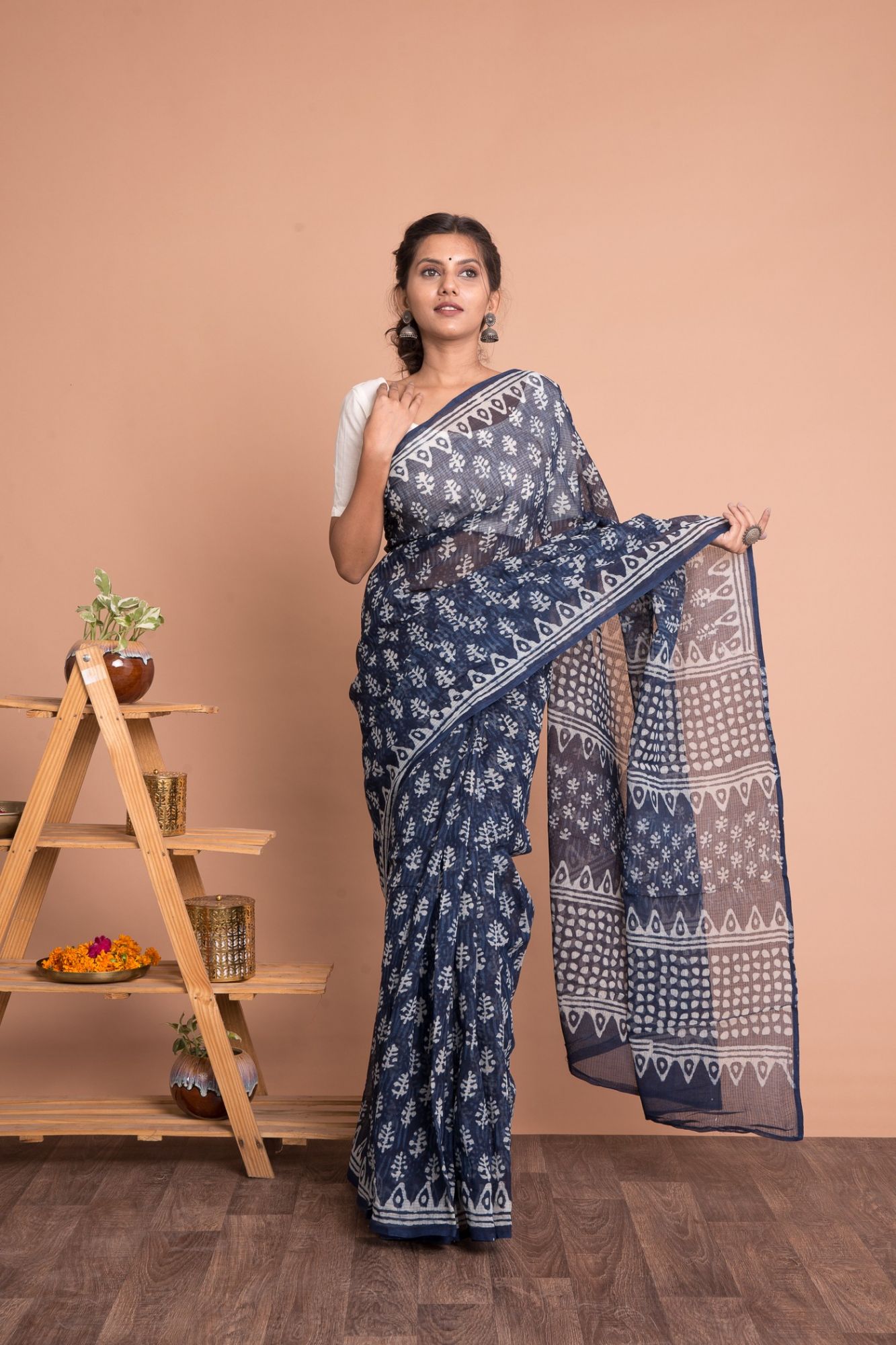 Dabu Print Kota Doria Saree with Mulmul Cotton Unstitched Blouse - Indigo And Blue