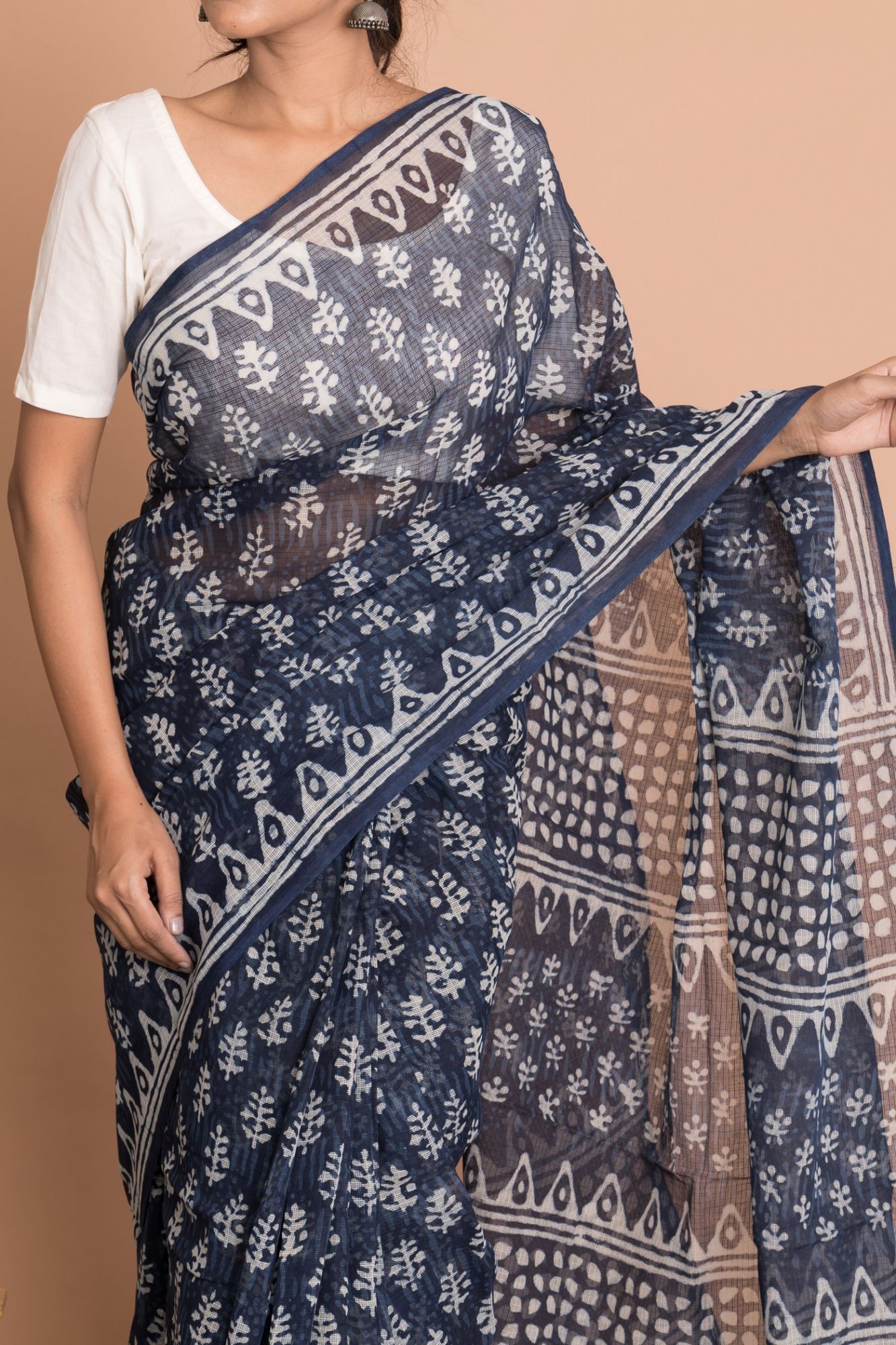 Dabu Print Kota Doria Saree with Mulmul Cotton Unstitched Blouse - Indigo And Blue