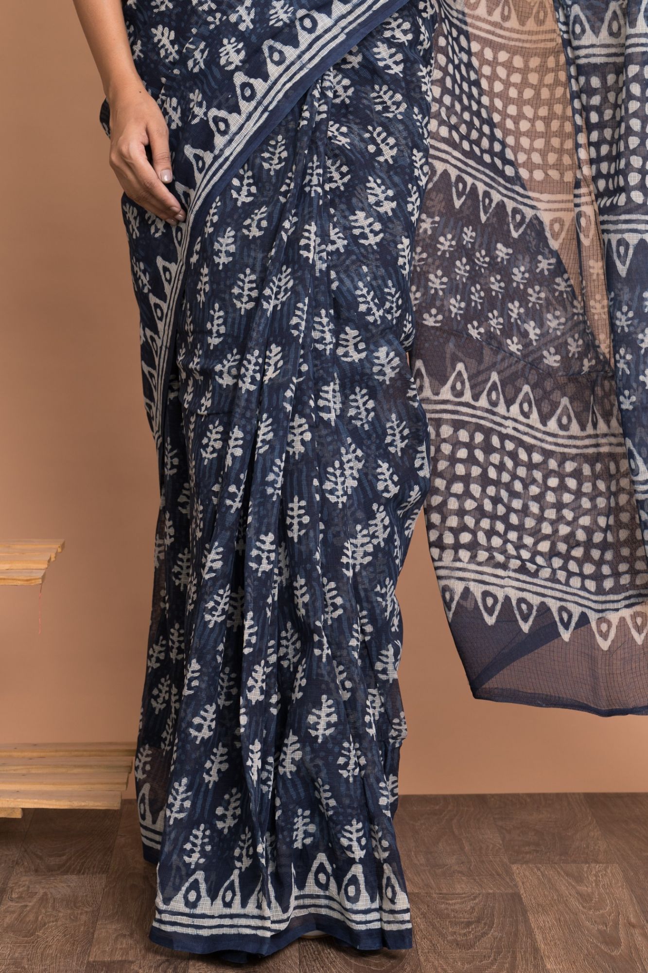 Dabu Print Kota Doria Saree with Mulmul Cotton Unstitched Blouse - Indigo And Blue