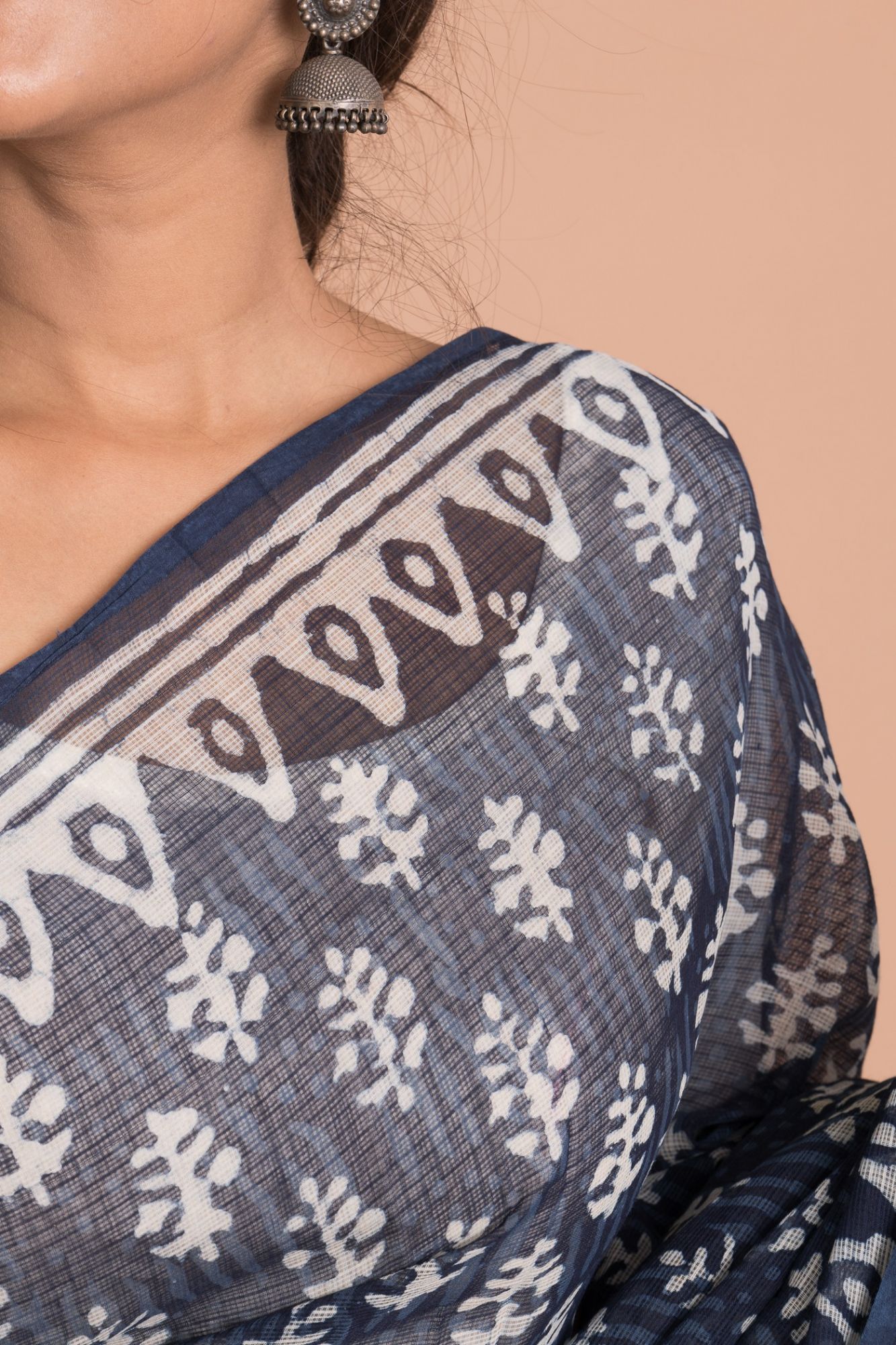 Dabu Print Kota Doria Saree with Mulmul Cotton Unstitched Blouse - Indigo And Blue