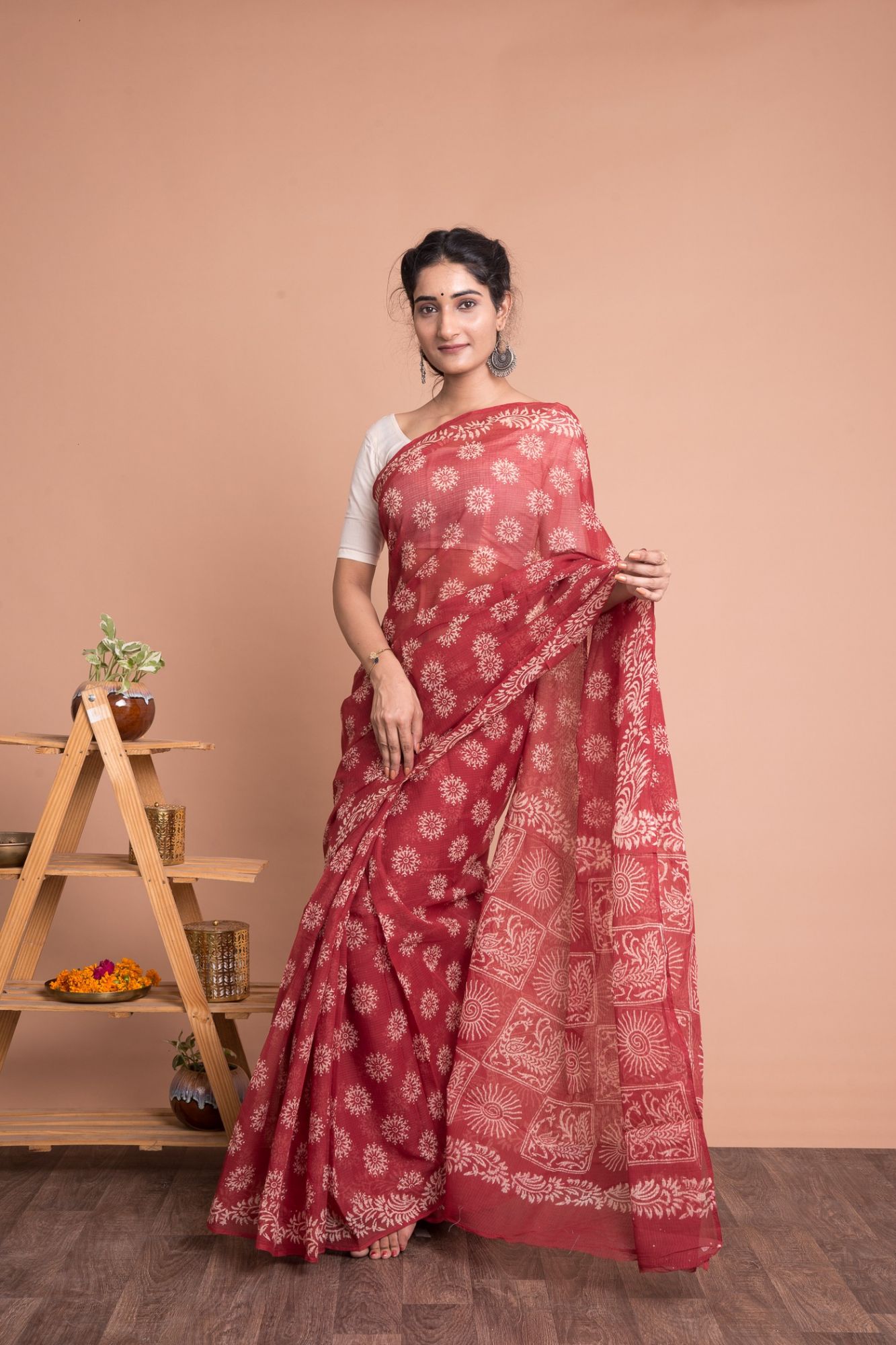 Pure Kota Doria Red Discharge Print Kota Doria Saree with Unstitched Blouse - Red