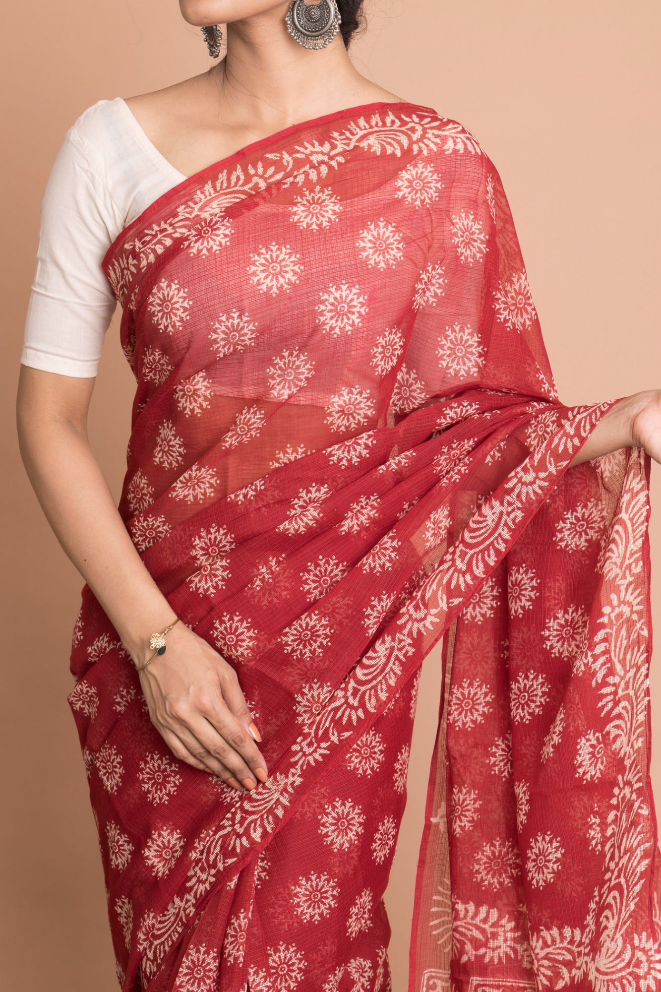 Pure Kota Doria Red Discharge Print Kota Doria Saree with Unstitched Blouse - Red