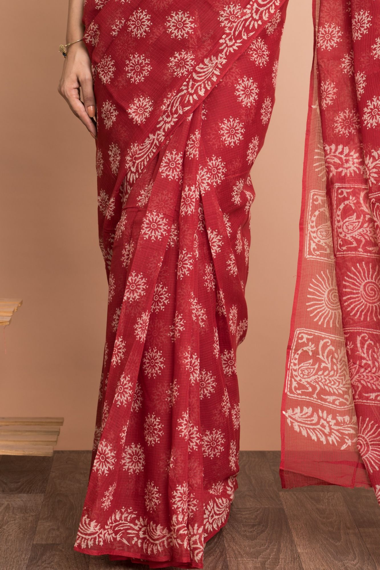 Pure Kota Doria Red Discharge Print Kota Doria Saree with Unstitched Blouse - Red