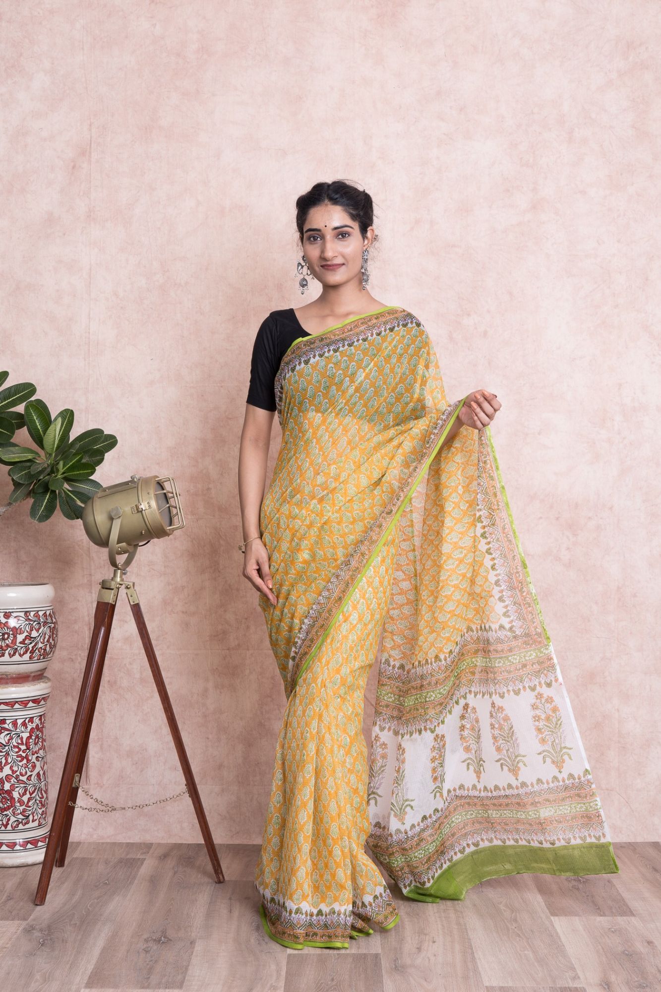 Hand Block Printed Kota Doria Saree with Mulmul Cotton Unstitched Blouse - Yellow